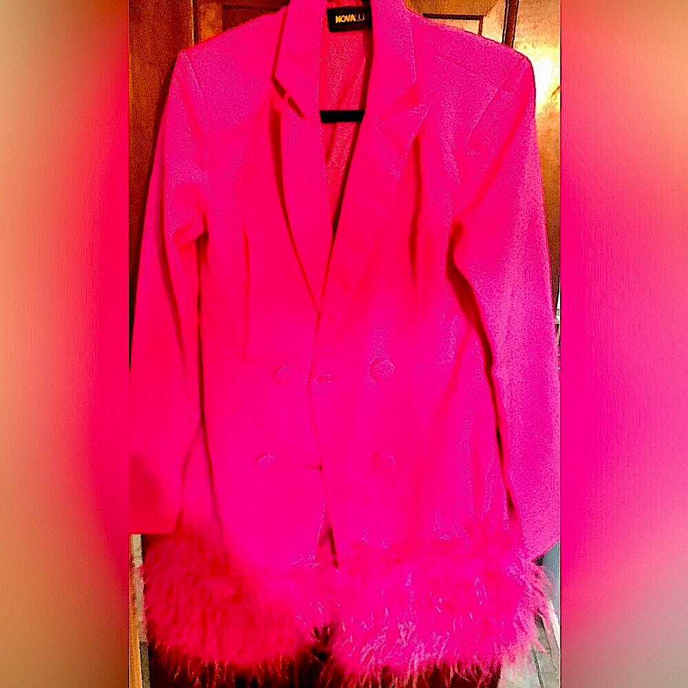 “BARBIE FEATHERED” Pink Gorgeous Double Breasted Blazer, Ostrich TAIL
